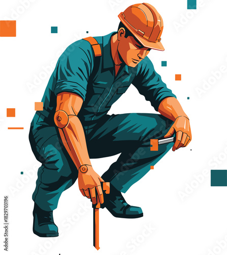Construction worker in hard hat and overalls crouches down to work with tool