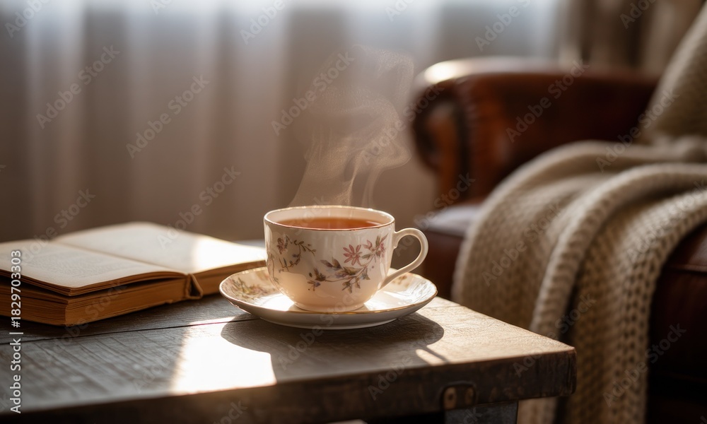 Fototapeta premium A delicate teacup steaming warmly on a wooden table, beside an open book, bathed in sunlight near a comfy armchair