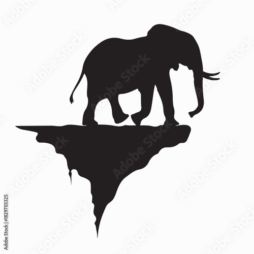 Elephant Walking on Cliff Silhouette Vector on white background