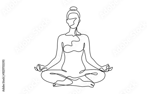 Continuous one line drawing of Woman sitting in lotus pose yoga vector illustration. Isolated on transparent background