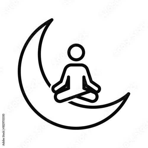 Simple black line icon of a person meditating in lotus position sitting on a crescent moon, isolated on