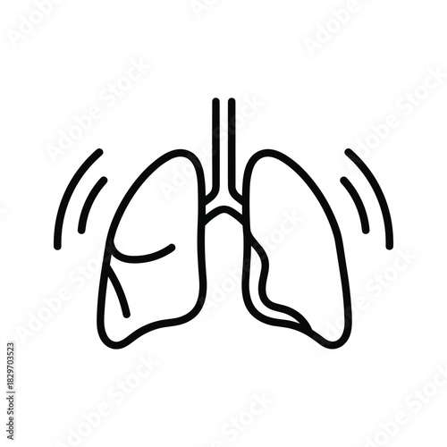 Simple line icon representing healthy human lungs with breathing motion lines, isolated on