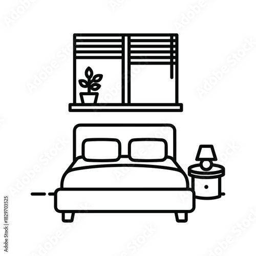 Simple line art icon of a bedroom interior with a bed, nightstand, lamp, and window with a small plant