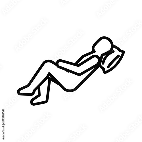 Simple black and white icon representing a person relaxing or sleeping in a reclined position with a pillow, isolated on