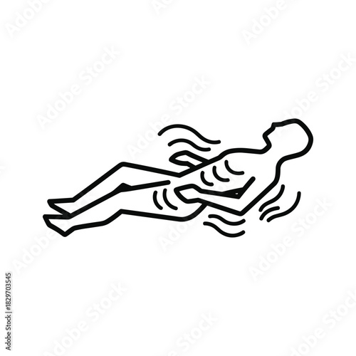 Simple black and white line art icon depicting a person relaxing or floating in water, isolated on