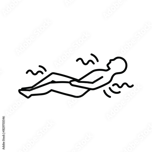 Simple black and white line icon representing a person floating or relaxing in water, isolated on