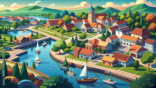 Very beautiful aerial panoramic view of a peaceful small town with tree-lined streets, riverside marina, gentle waterways, and classic low-rise architecture surrounded by greenery under bright, clear 