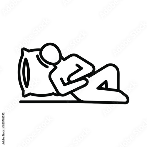 Simple black and white icon of a person lying on their side on a pillow, symbolizing rest or sleep position