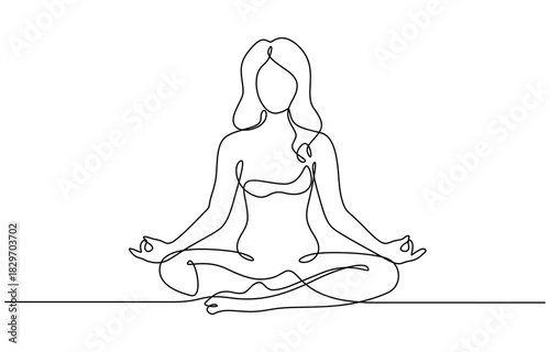 Continuous one line drawing of Woman sitting in lotus pose yoga vector illustration. Isolated on transparent background