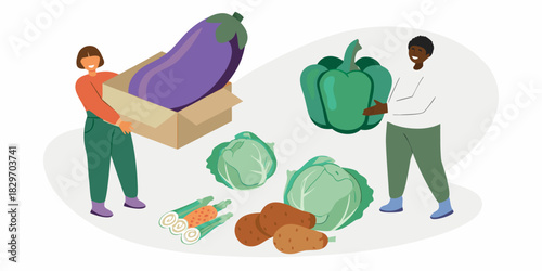 People holding giant vegetables eggplant pepper cabbage potatoes and carrots