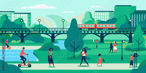 People enjoying an urban park with bridge and train illustration