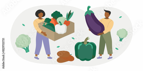 People carrying fresh vegetables in a box and holding an eggplant