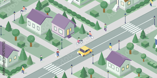 Isometric cityscape illustration with houses trees and people