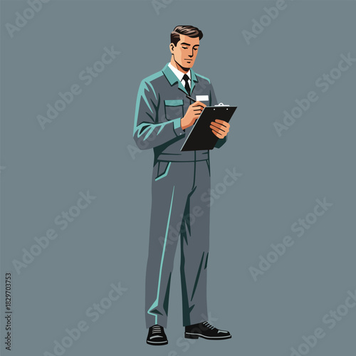 Professional man in uniform taking notes on clipboard, industrial setting