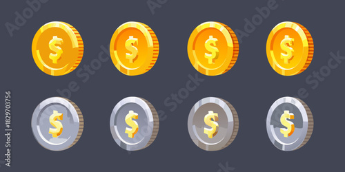Gold and silver coins with dollar sign for game or app design