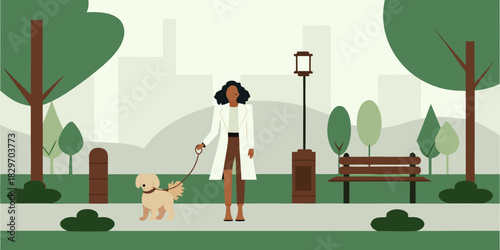 Woman walking her dog in a park on a leash illustration