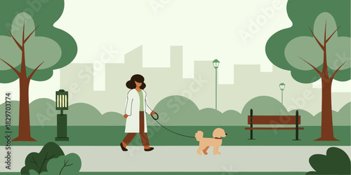 Woman in lab coat walking dog in park illustration