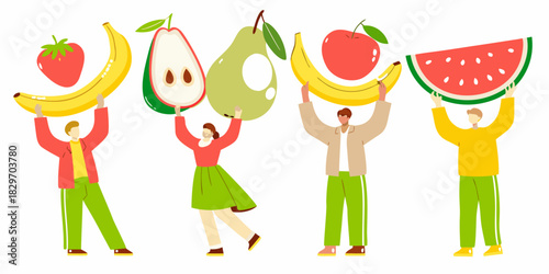 People holding giant fruit healthy eating lifestyle and food concept