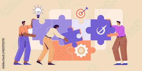 Teamwork and collaboration concept people solving puzzle together for business success