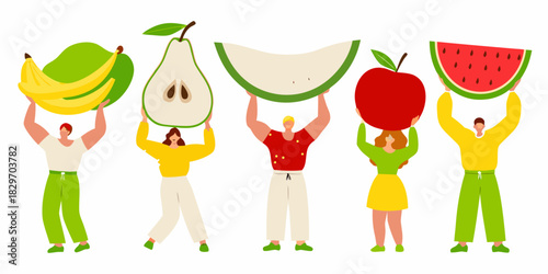People holding giant fruits above their heads in a row