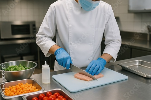 Professional chef preparing chicken fillets in a modern kitchen, emphasizing culinary skills, safety, and food preparation. Concept of gastronomy, hygiene, and culinary artistry.