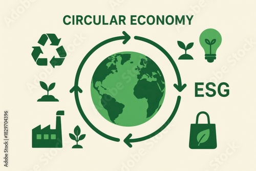 Circular economy concept illustrated with green symbols representing sustainability, recycling, and environmental responsibility. Focus on ESG values and eco-friendly practices.