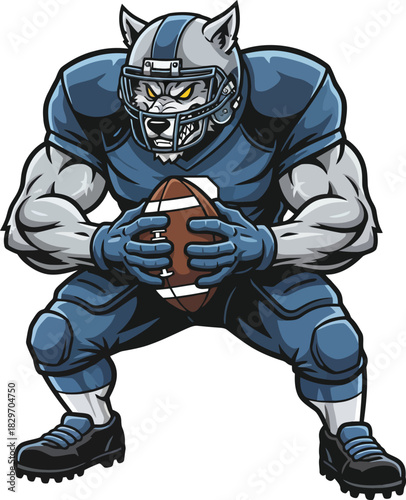 Strong wolf sports mascot in full American football gear, crouching in a defensive stance while holding a football. Powerful muscular proportions, dynamic pose, energetic sports illustration