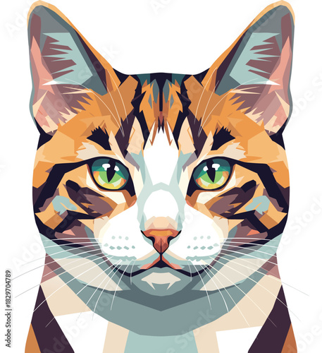 Detailed Vector Illustration of a Calico Cat with a Striking Geometric Design and Vibrant Colors