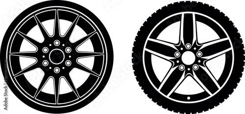 Two different car rims vector graphic silhouette