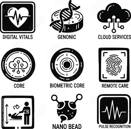 Set of medical and technology icons. Vector illustration of digital vitals, genomic, cloud services, core, biometric core, remote care, nano bead, pulse recognition. Black icons on white background.