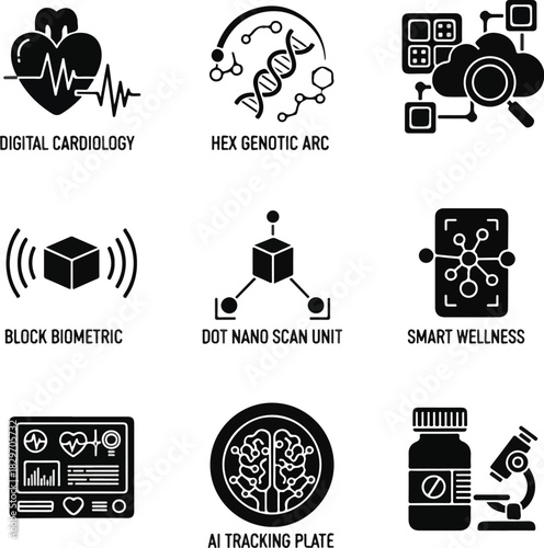 Medical and technology icons. Set of black vector illustrations. Digital cardiology. Hex genomic arc. Biometric block. Nano scan unit. Smart wellness icons. AI tracking plate. Vector icons.