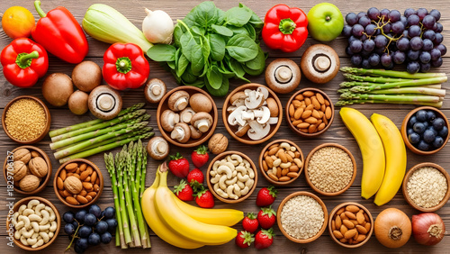 Overhead shot of a variety of fresh fruits, vegetables, nuts, and grains arranged on a wooden surface.