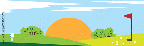 Golf Course with Sun and Ball Landscape. Sports and outdoor leisure activities vector art