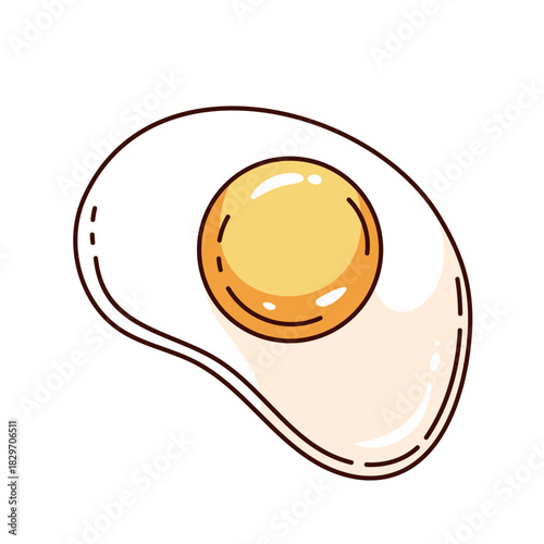 Fried egg in groovy cartoon style with outline accents and cute breakfast details, bright yolk focus for sticker design, colorful morning food set, vector illustration
