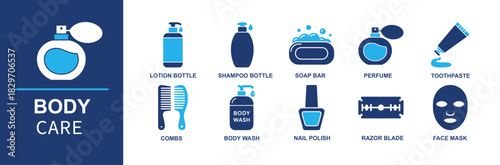 Body care icon set. Containing lotion, shampoo, soap bar, perfume, toothpaste, combs, body wash, nail polish, razor blade, face mask, deodorant, hair oil, cotton swabs set and more. Solid vector icons