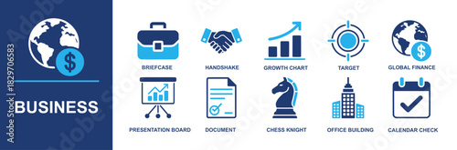 Business icon set. Containing briefcase, handshake, growth chart, target, global finance, presentation board, document, chess knight, office building, analytics dashboards and more. Solid vector icons
