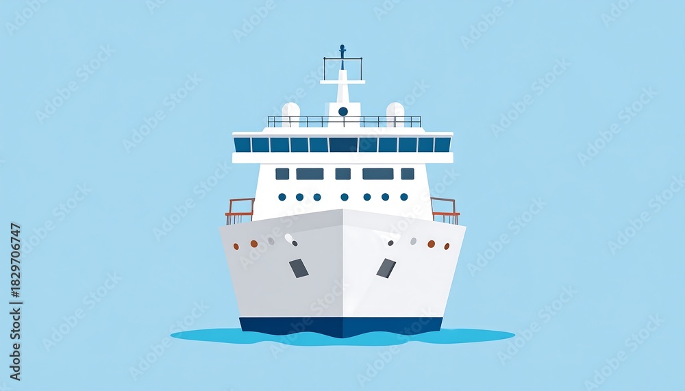 Fototapeta premium White cruise ship on blue ocean with bridge and antenna. Simplified cartoon style and bright, clean design
