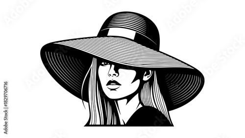 Illustration of a woman wearing a wide-brimmed hat, with long hair partially covering her face.