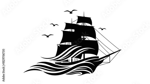 Stylized black silhouette of a tall ship sailing on wavy seas with birds flying above, against a clean white background.