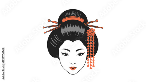 A detailed illustration of a geisha's face, showcasing traditional makeup and hairstyle.