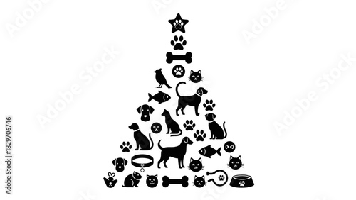 Christmas tree illustration composed of various pet-related silhouettes, festive and creative.
