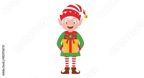 A cheerful Christmas elf character with white hair holding a yellow gift box with a red ribbon.