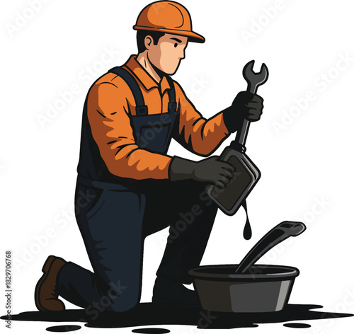 Mechanic performing vehicle maintenance, changing oil with tools and equipment