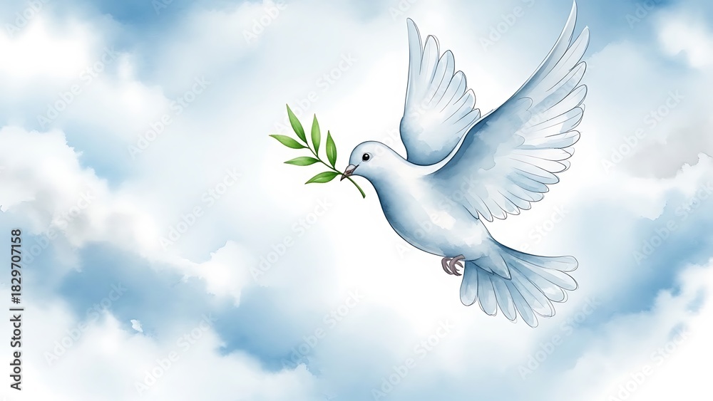 Obraz premium Watercolor illustration of a white dove carrying an olive branch in soft blue sky tones, symbolizing peace and global harmony.