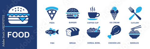 Food icon set. Containing pizza, burger, coffee cup, ice cream, cutlery, fish, bread, cereal bowl, fries, doughnut, salad, chicken leg and noodle for menus, delivery apps and more. Solid vector icons