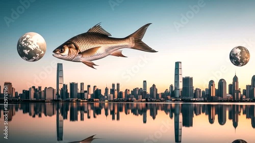 Surreal Cityscape with Floating Fish and Planets - A Dreamlike Vision.
