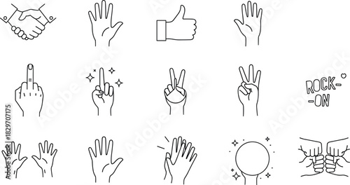 Hand Gesture and Finger Sign Outline Icon Set, Communication, Agreement, Approval, Counting, Expression, Interaction, Victory, and Non-Verbal Communication Line Vector Collection