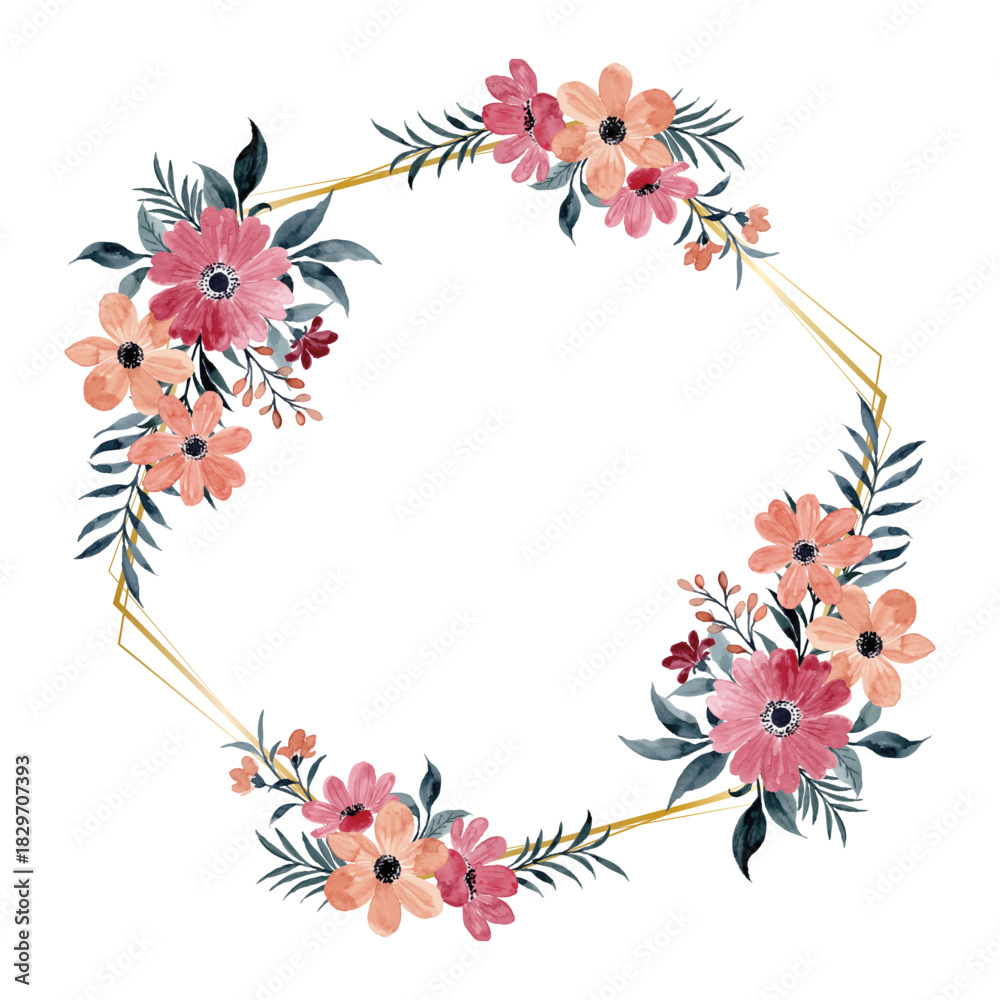 Fototapeta premium Watercolor Pink Orange Floral Geometric Frame