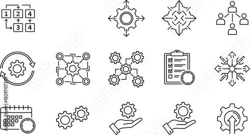  Automation, Time Planning, Project Coordination, Strategic Development, Team Organization, Efficiency Optimization, and Core System Integration Conceptual Icon Set