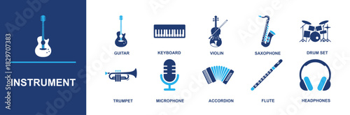 Instrument icon set. Containing guitar, keyboard, violin, saxophone, drum kits, trumpet, microphone, accordion, flute, headphones, music notes, recording tools and more. Solid vector icons. For bands